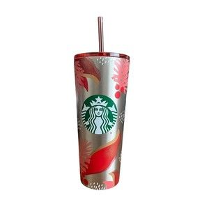 Starbucks Tumbler Stainless Steel Holiday Poinsettia Cold Only Venti Sil…